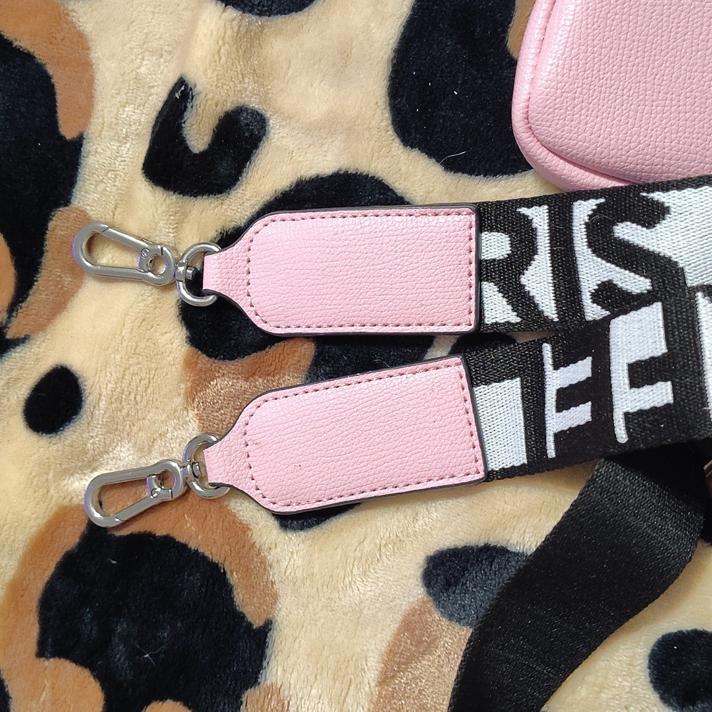 Karl Lagerfeld Pink Leather Mini Crossbody Pouch with Black-and-White Logo Strap - Picture 3 of 5